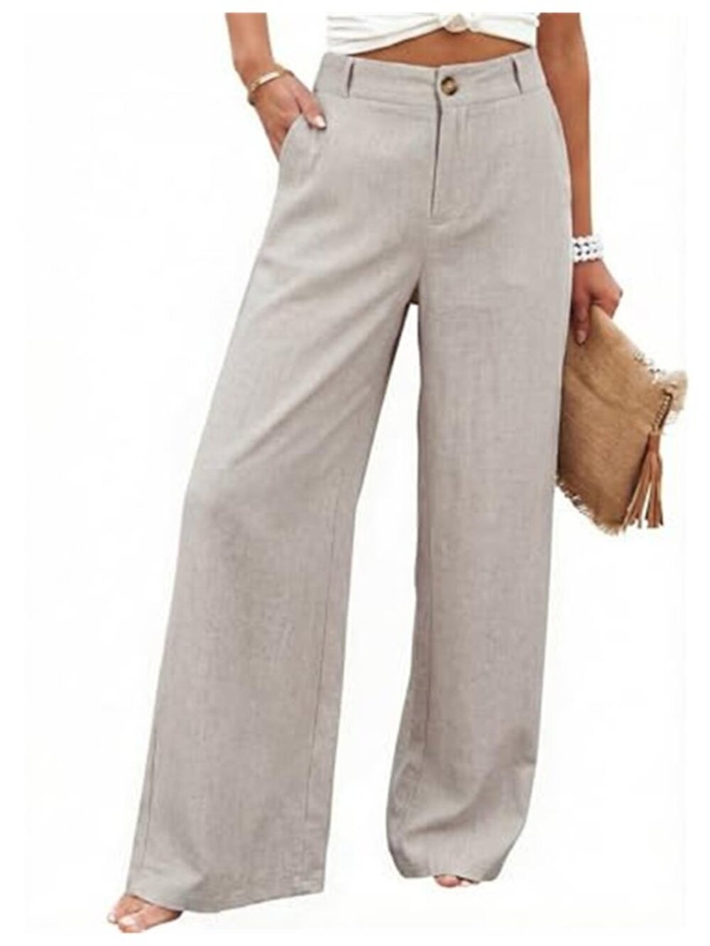 Womens Linen Blend High Waisted Wide Leg Button Elastic Casual Summer Pants